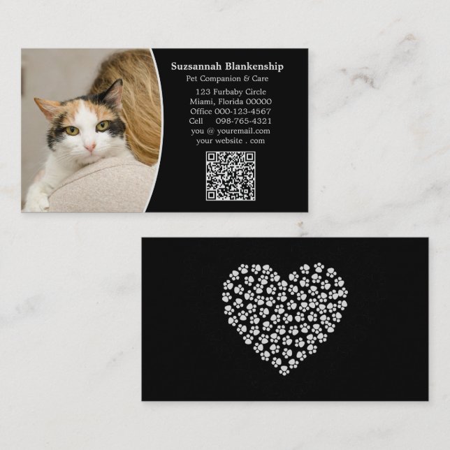 Pet Care Black White Custom QR Code and Photo  Business Card (Front/Back)