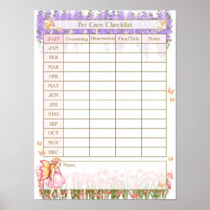 Pet Care Checklist Log Flower Fairy Girl in Garden Poster