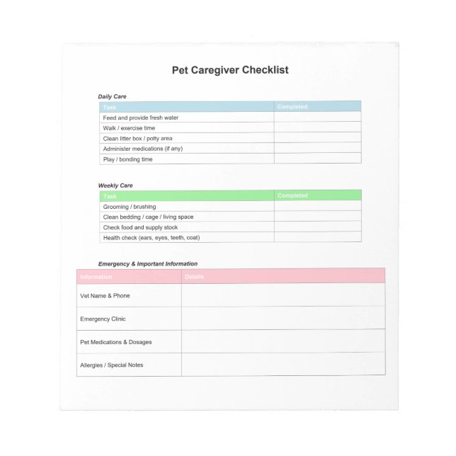 Pet Caregiver Checklist  Notepad (Front)
