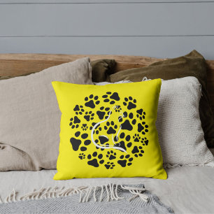 Pet Cat And Paws In Modern Cute Cool Black Yellow Throw Pillow