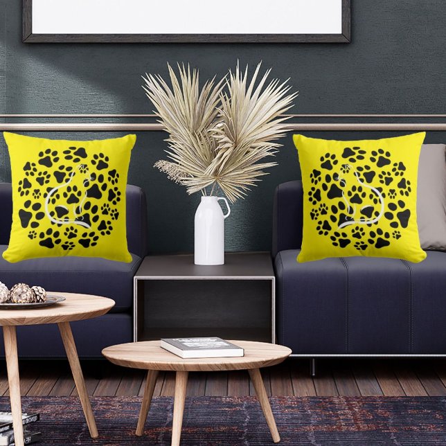 Pet Cat And Paws In Modern Cute Cool Black Yellow Throw Pillow (Creator Uploaded)
