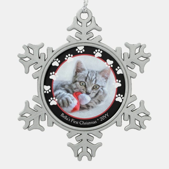 Pet Cat Black & Red Pawprints First Christmas Snowflake Pewter Christmas Ornament (Front)