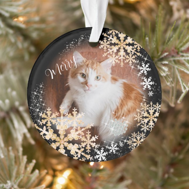 Pet Cat Christmas Black Gold Ornament (Tree)