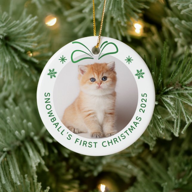 Pet Cat First Christmas Personalized Photo Holiday Ceramic Ornament (Tree)