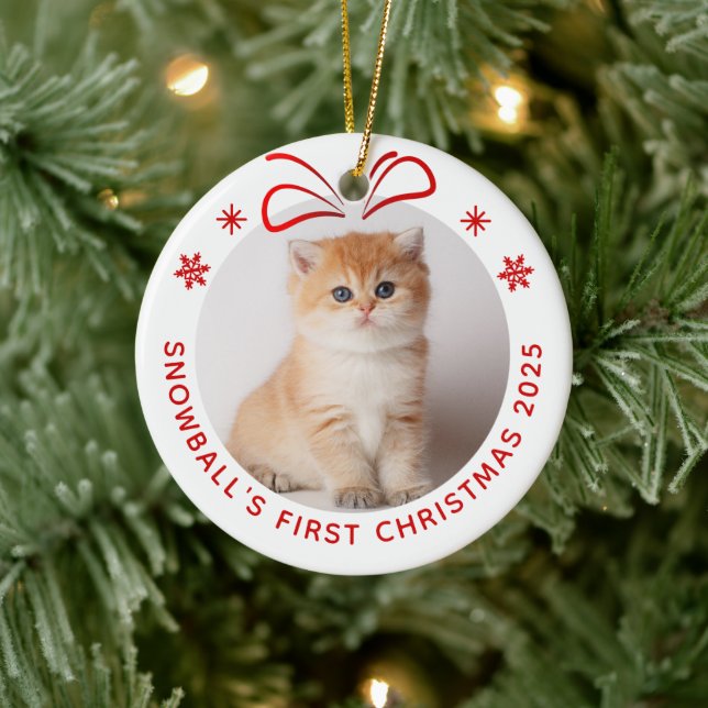 Pet Cat Kitty Christmas Personalized Photo Holiday Ceramic Ornament (Tree)