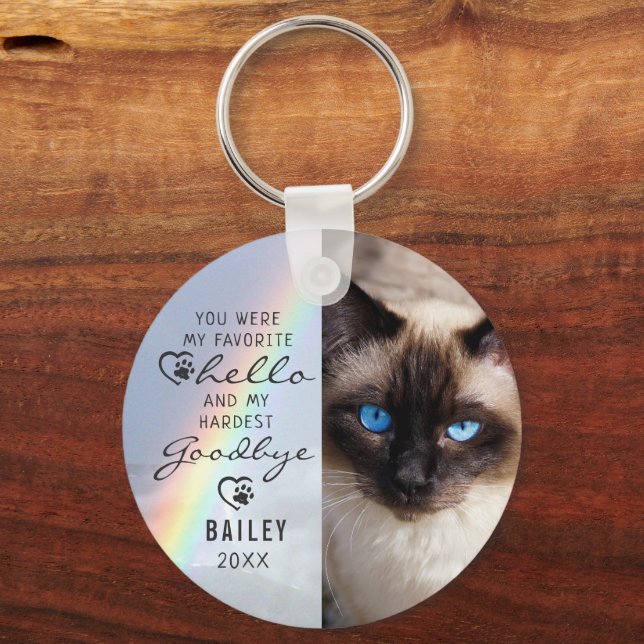Pet Cat Memorial Favourite Hello Photo Rainbow Keychain (Front)
