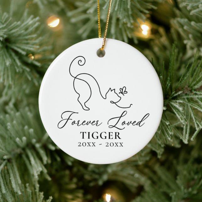 Pet Cat Memorial Forever Loved Name & Photo Ceramic Ornament (Tree)