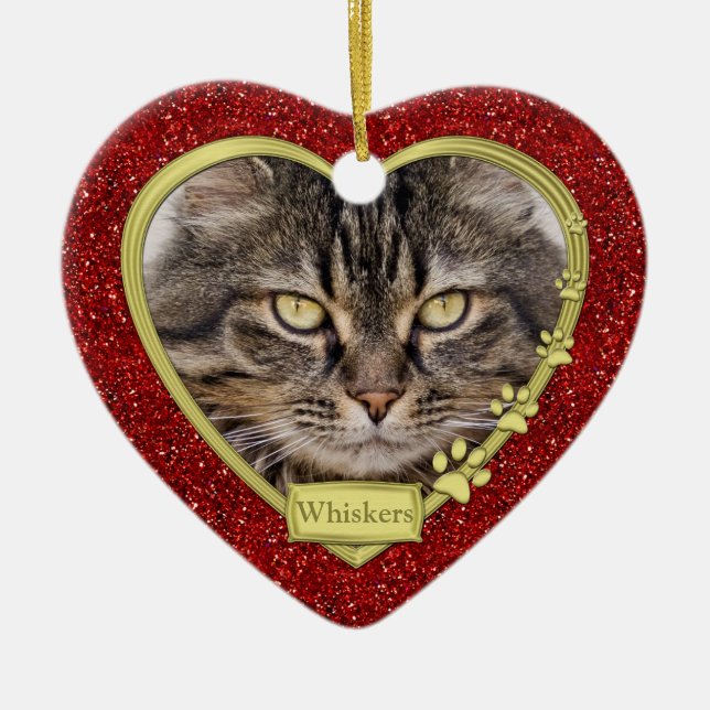 Pet Cat Memorial Red Gold Heart Photo Christmas Ceramic Ornament (Front)