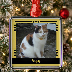 Pet Cat name Photo Holiday gold black Metal Ornament
