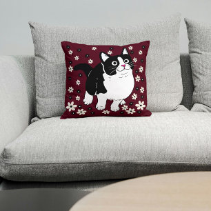 Pet Cat On Cute White Black Burgundy Throw Pillow