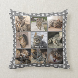 Pet Cat Photo Collage Paw Print Pattern Grey Name Throw Pillow