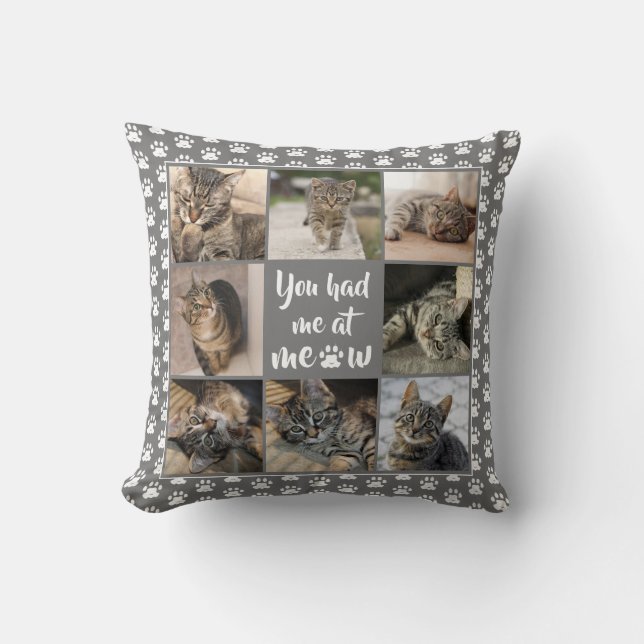 Pet Cat Photo Collage Paw Print Pattern Grey Throw Pillow (Front)