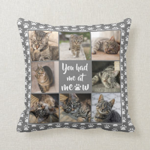 Pet Cat Photo Collage Paw Print Pattern Grey Throw Pillow