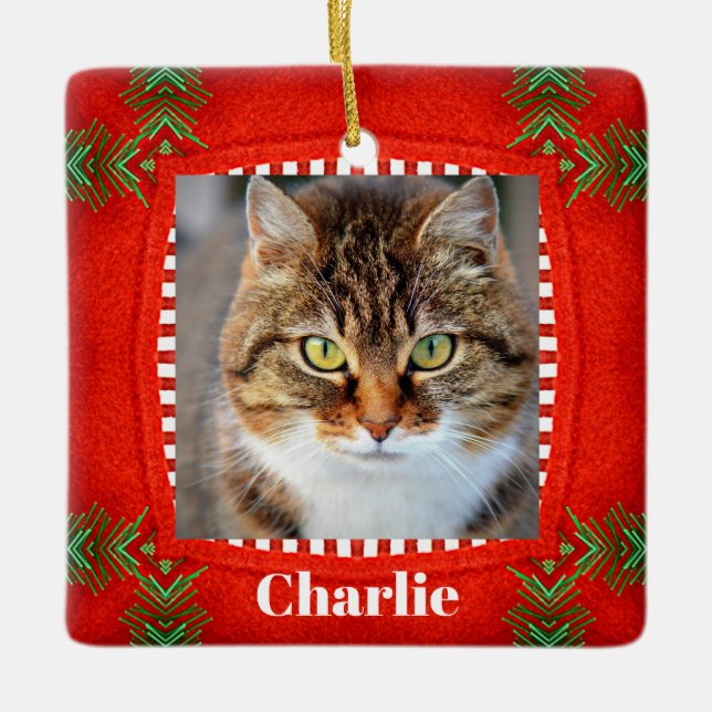 Pet Cat Photo Cute Red Green Christmas Ceramic Ornament (Front)