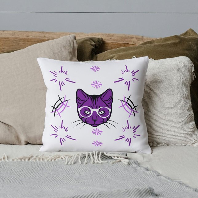 Pet Cat Purple Black White Pattern Modern Custom Throw Pillow (Creator Uploaded)