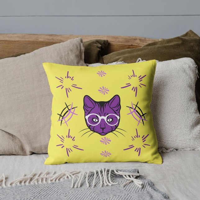 Pet Cat Purple White Black Yellow Pattern Custom Throw Pillow (Creator Uploaded)