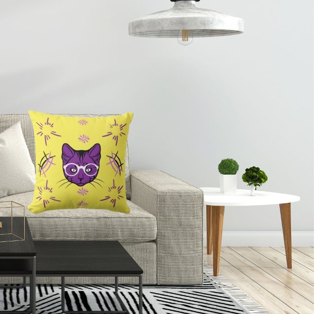 Pet Cat Purple White On Black Modern Cute Yellow Throw Pillow (Creator Uploaded)