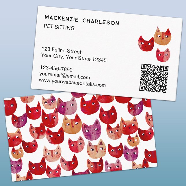 Pet Cat Sitter Fun QR Code Business Card (Fun watercolor kitty cat pet or cat sitter business cards)