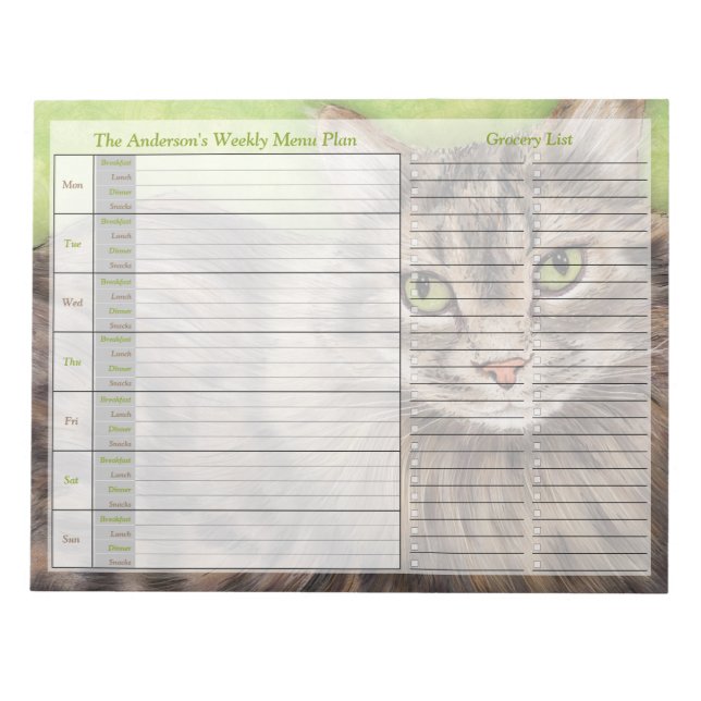 Pet Cat Weekly Personalized Menu Plan Notepad (Front)