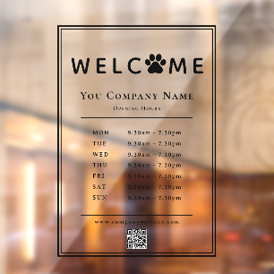 Pet Clinic Opening Hours Black Paw Logo QR code Window Cling