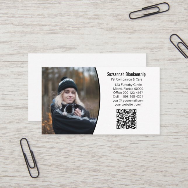Pet Companion Black White Custom QR Code Photo  Business Card (Front/Back In Situ)