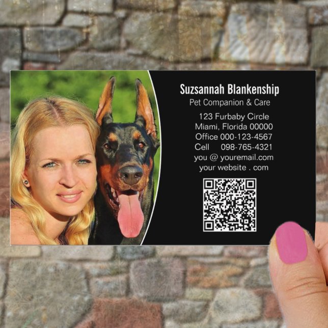 Pet Companion Black White Custom QR Code Photo Business Card (Creator Uploaded)