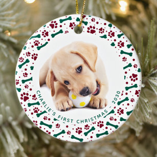 Pet Custom 2 Dog Photo Paw Prints Bones Christmas Ceramic Ornament