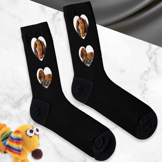 Pet Dog 4 Custom Photos Heart Frames Personalized Socks (Black socks for the dog lover, with 4 custom photos of your pet in cute heart-shaped frames)