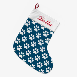 Pet Dog Cat Name Blue White Paw Prints Large Christmas Stocking