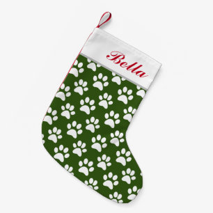 Pet Dog Cat Name Green White Paw Prints Small Christmas Stocking