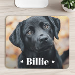 Pet dog cat name hearts mouse pad<br><div class="desc">Mousepad featuring your custom pet photo with with the pet's name as a white text overlay flanked by two hearts.</div>