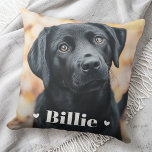 Pet dog cat name hearts throw pillow<br><div class="desc">Throw pillow featuring your custom pet photo with with the pet's name as a white text overlay flanked by two hearts.</div>