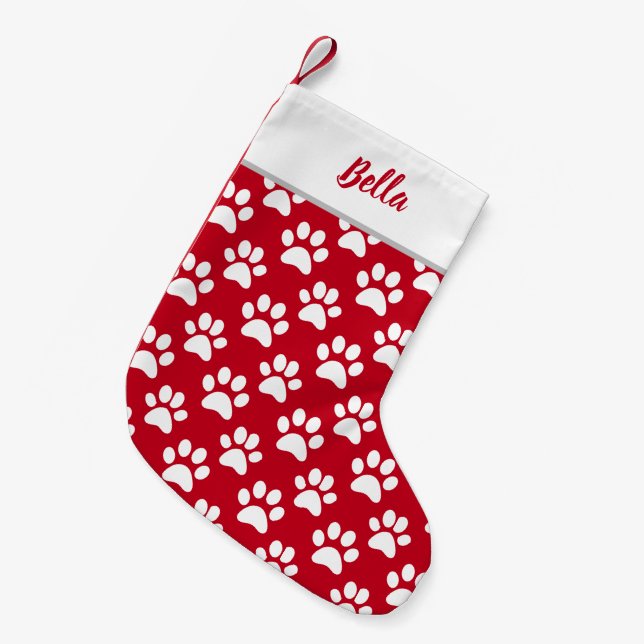 Pet Dog Cat Name Red White Paw Prints Small Christmas Stocking (Front (Hanging))