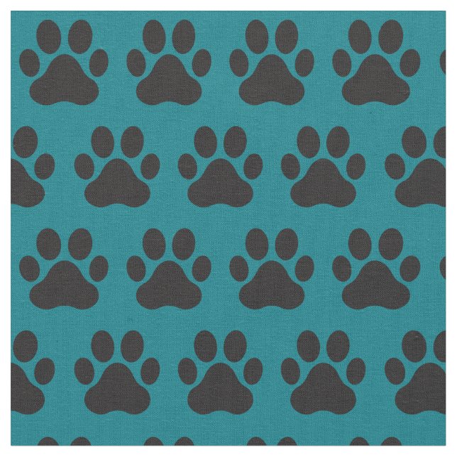 Pet Dog Cat Paw Prints Teal Black Fabric (Close Up)