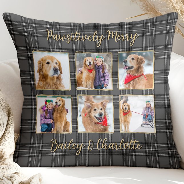 Pet Dog Custom Grey Photo Collage Christmas Plaid Throw Pillow (Creator Uploaded)
