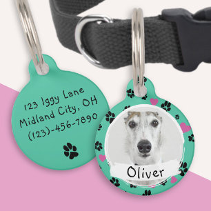 Pet dog Custom Photo Name Paw prints on green Tag