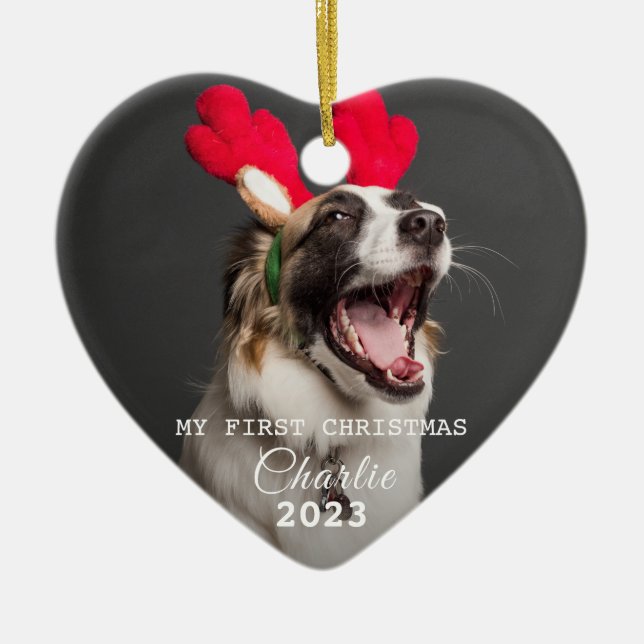 Pet Dog First Christmas Photos Script Ornament (Front)