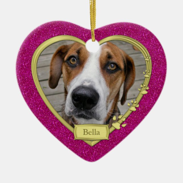 Pet Dog Memorial Photo Christmas Pink Gold Heart Ceramic Ornament (Front)
