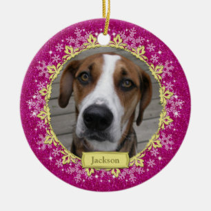 Pet Dog Memorial Pink Snowflake Photo Christmas Ceramic Ornament
