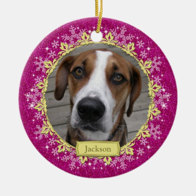 Pet Dog Memorial Pink Snowflake Photo Christmas Ceramic Ornament (Front)