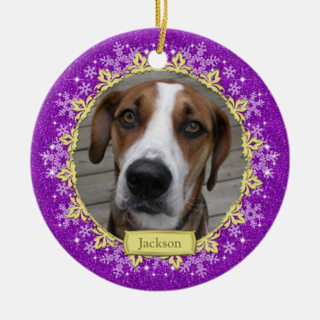 Pet Dog Memorial Purple Snowflake Photo Christmas Ceramic Ornament (Front)