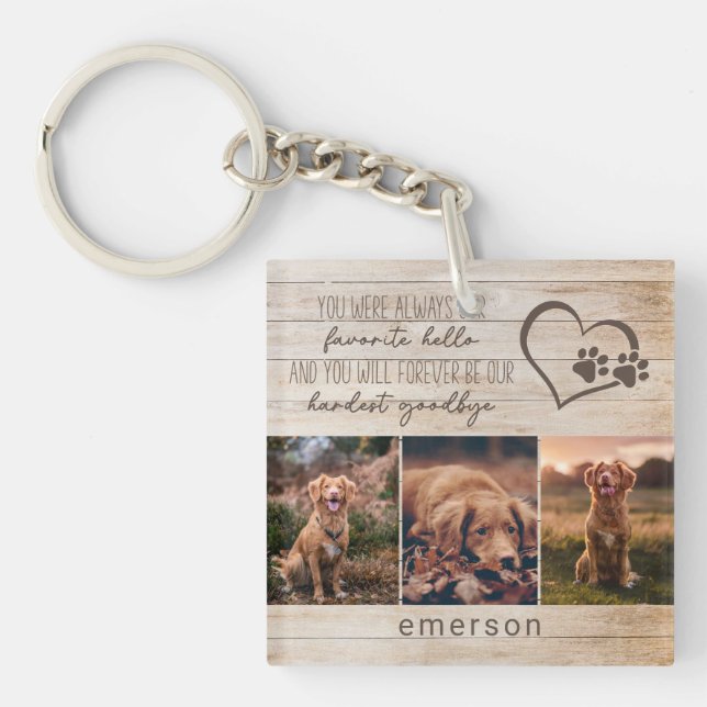 Pet Dog Memorial Rustic Wood Photo Collage Keychain (Front)