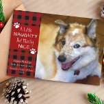 Pet Dog Naughty and Nice Red Black Plaid Holiday Card<br><div class="desc">Add your mischievous but cute dog or puppy photo to this humourous Christmas holiday card featuring the funny saying A LITTLE NAUGHTY BUT MOSTLY NICE accented by dog pawprints, red and black buffalo check plaid and your custom greeting (the sample shows HAPPY HOLIDAYS). ASSISTANCE: For help with design modification or...</div>