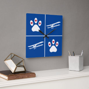Pet Dog Paw Print & Airplane, Cute Aviation Blue Square Wall Clock