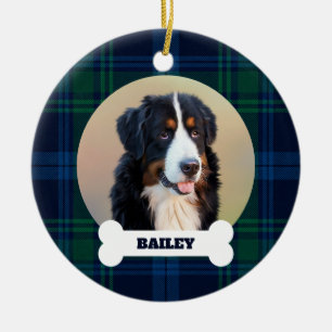 Pet Dog Photo Blue Green Tartan Plaid Name on Bone Ceramic Ornament
