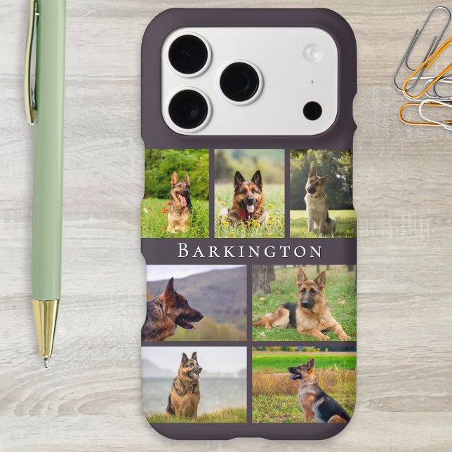 Pet Dog Photo Collage Personalized (A phone case with pet dog photo collage and personalized pet's name, on a charcoal brown background)