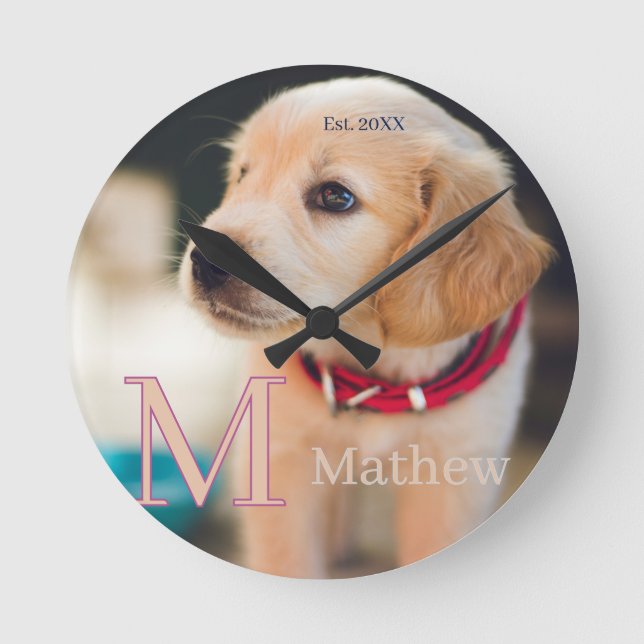 pet dog photo est year name monogram cat parent round clock (Front)