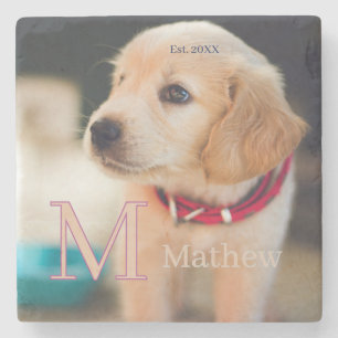pet dog photo est year name monogram cat parent stone coaster