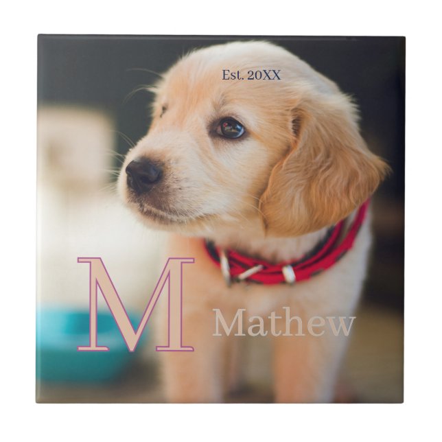 pet dog photo est year name monogram cat parent tile (Front)