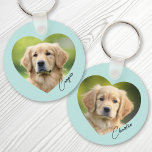 Pet dog photo inside heart with name aqua blue keychain<br><div class="desc">Aqua blue or custom colour keyring featuring your pets photo inside a heart with the name in a handwritten style script font. Double sided printing.</div>